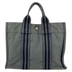 Hermes Paris Vintage Grey and Black Cotton Fourre Tout PM Tote Bag