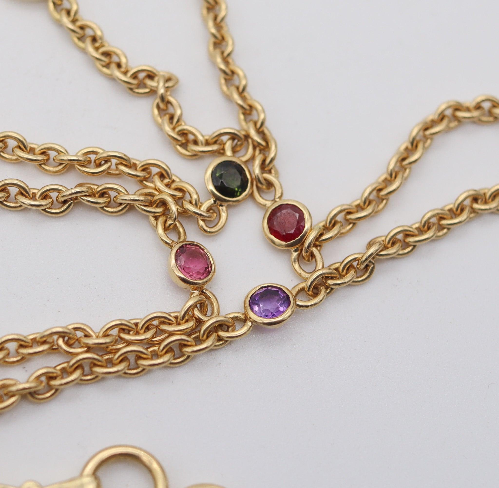 HERMÈS Paris Vintage Long Necklace Chain In Solid 18Kt Gold With Gemstones For Sale 1