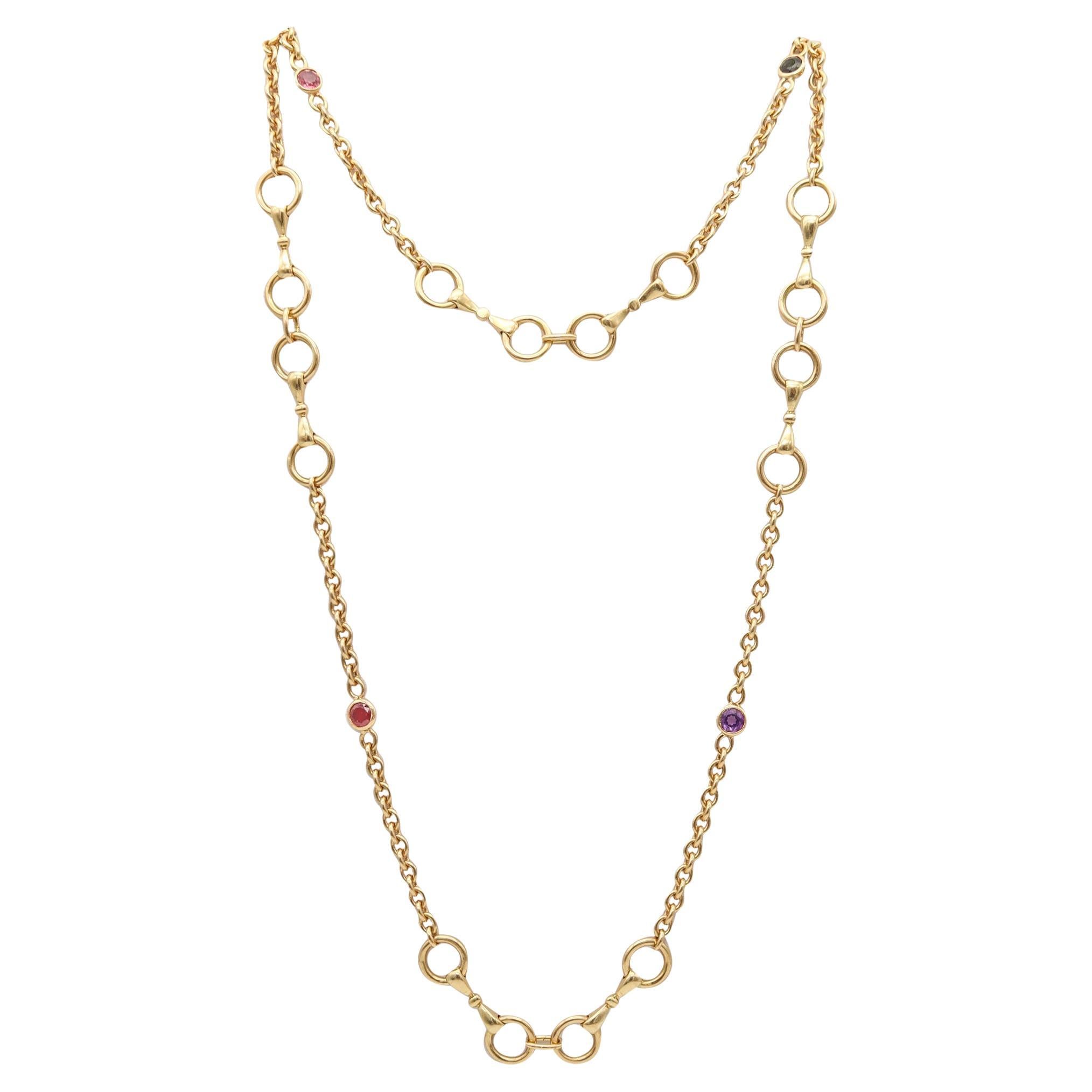 HERMÈS Paris Vintage Long Necklace Chain In Solid 18Kt Gold With Gemstones