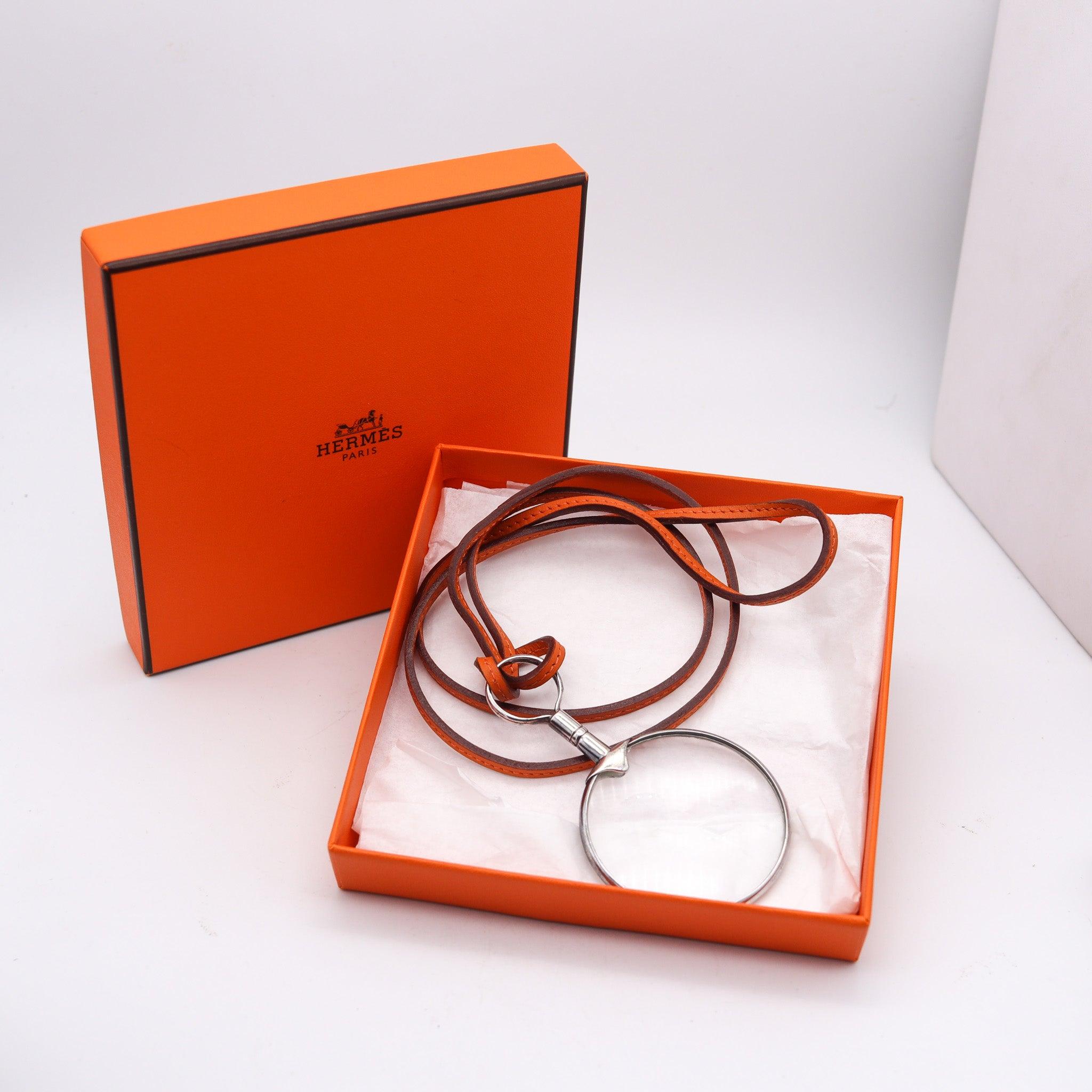 Modernist HERMES Paris Vintage Magnifier Necklace In .925 Sterling Silver With Leather For Sale