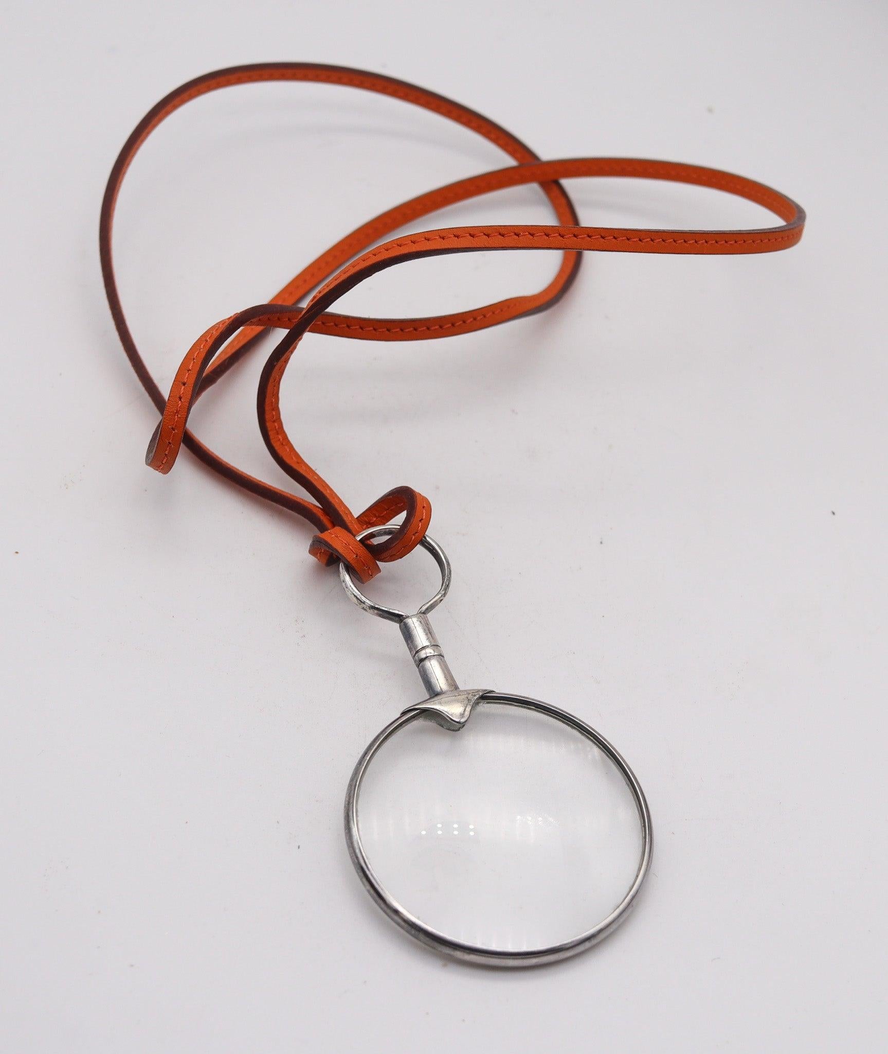 HERMES Paris Vintage Magnifier Necklace In .925 Sterling Silver With Leather In Excellent Condition For Sale In Miami, FL