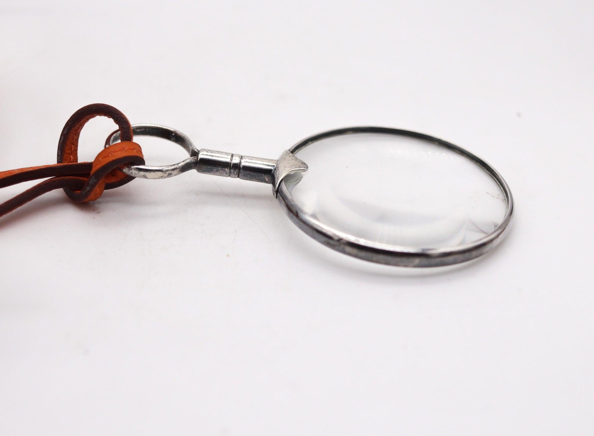 Women's or Men's HERMES Paris Vintage Magnifier Necklace In .925 Sterling Silver With Leather For Sale