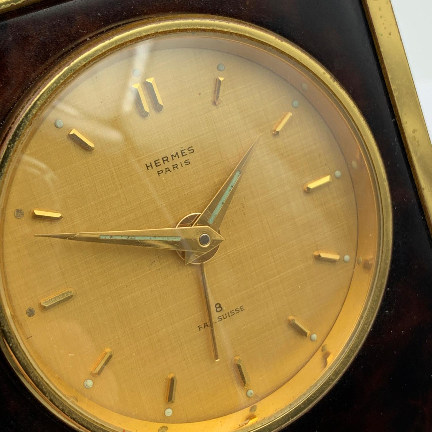 Brown Hermes Paris Vintage Mechanical Table Travel Alarm Clock 1227