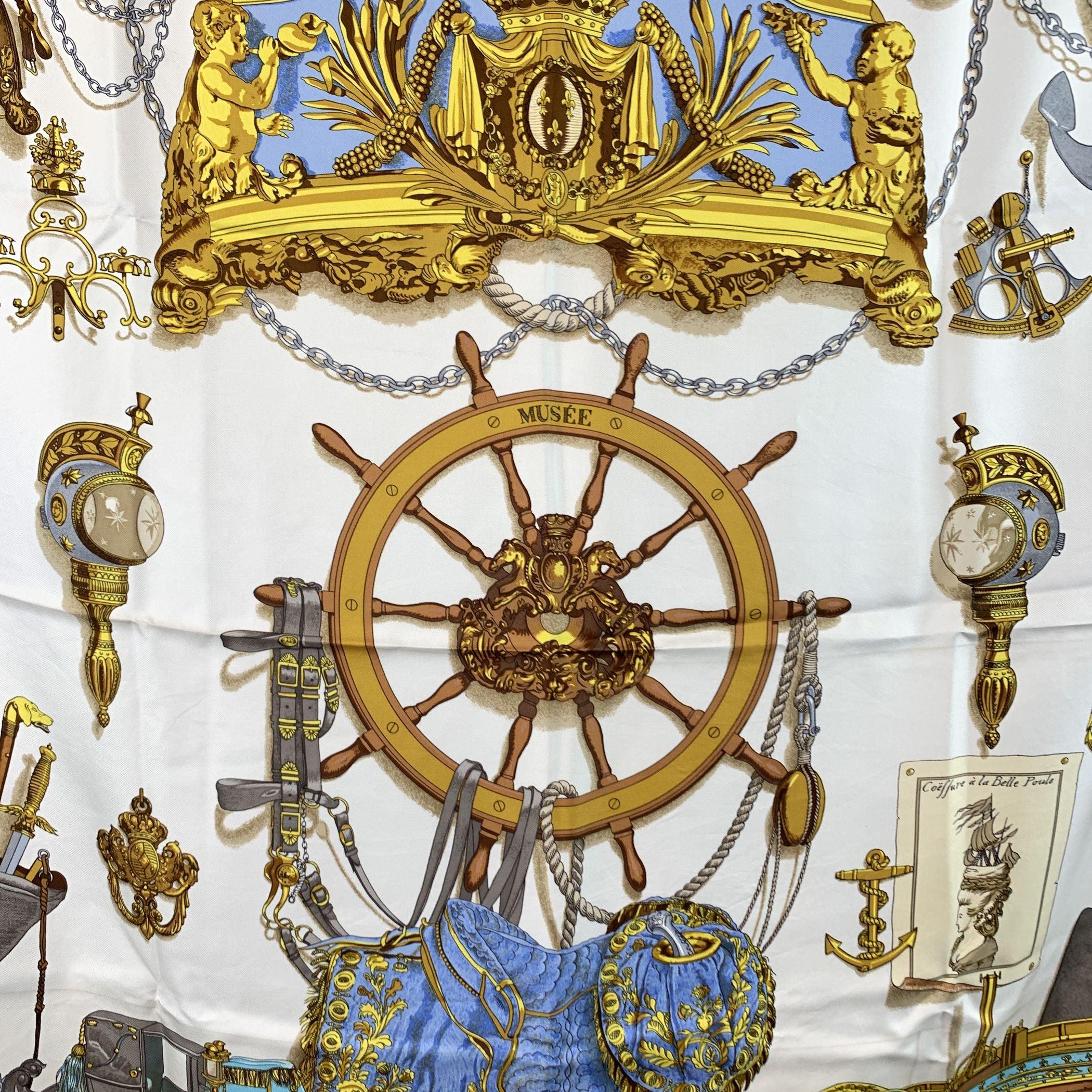 This exquisite MUSEE silk scarf by Philippe Ledoux is a stunning example of timeless elegance, originally issued by Hermes in 1962. Over the years, this iconic design has been re-issued in various colors, formats, and variations, but each version