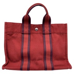 Hermes Paris Vintage Red Blue Cotton Fourre Tout PM Tote Bag