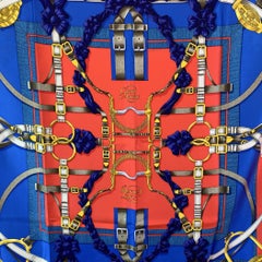 Hermes Paris Vintage Red Blue Silk Scarf Grand Manege 1990 D'Origny