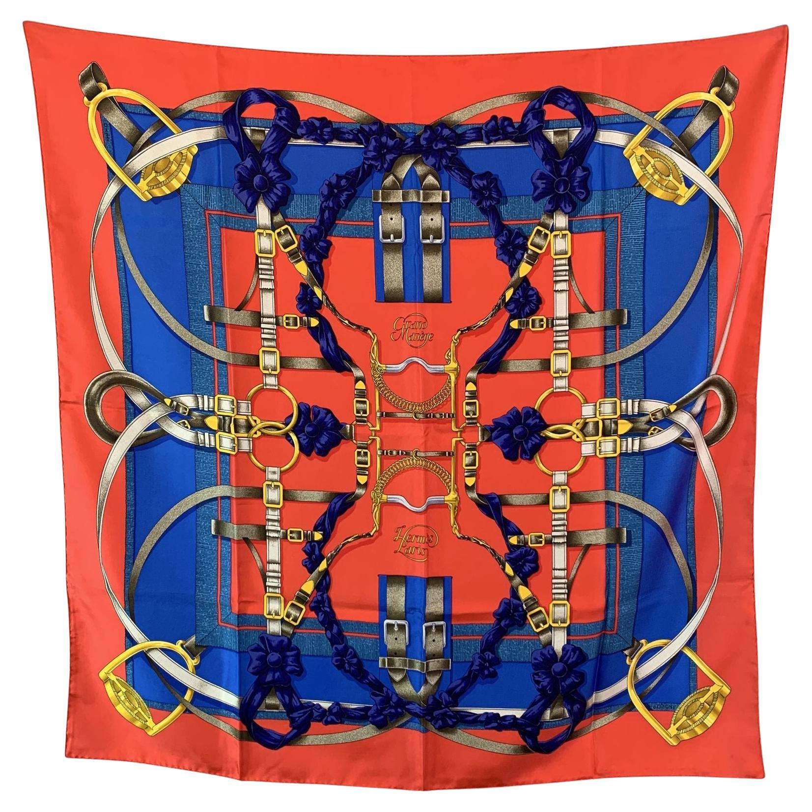 Hermes Paris Vintage Bufanda Seda Rojo Azul Grand Manege 1990 D'Origny
