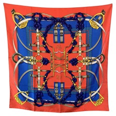 Hermes Paris Vintage Bufanda Seda Rojo Azul Grand Manege 1990 D'Origny