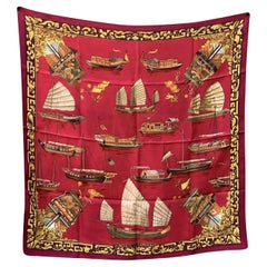 Hermès Paris Vintage Rot Jonques et Sampans 1966 de la Perriere
