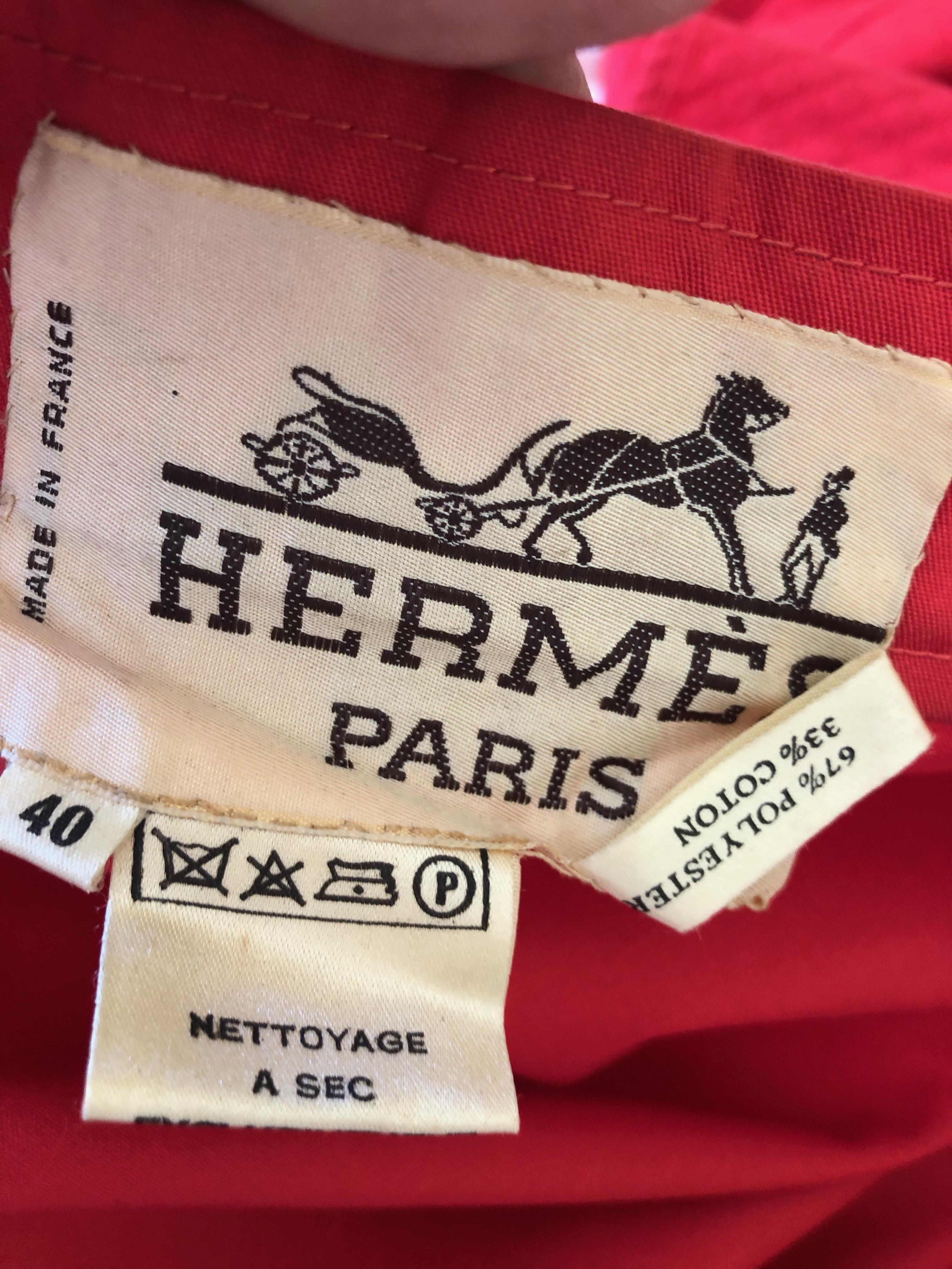 Women's or Men's Hermes Paris Vintage Red Polished Cotton Skirt Suit with Signature Details For Sale