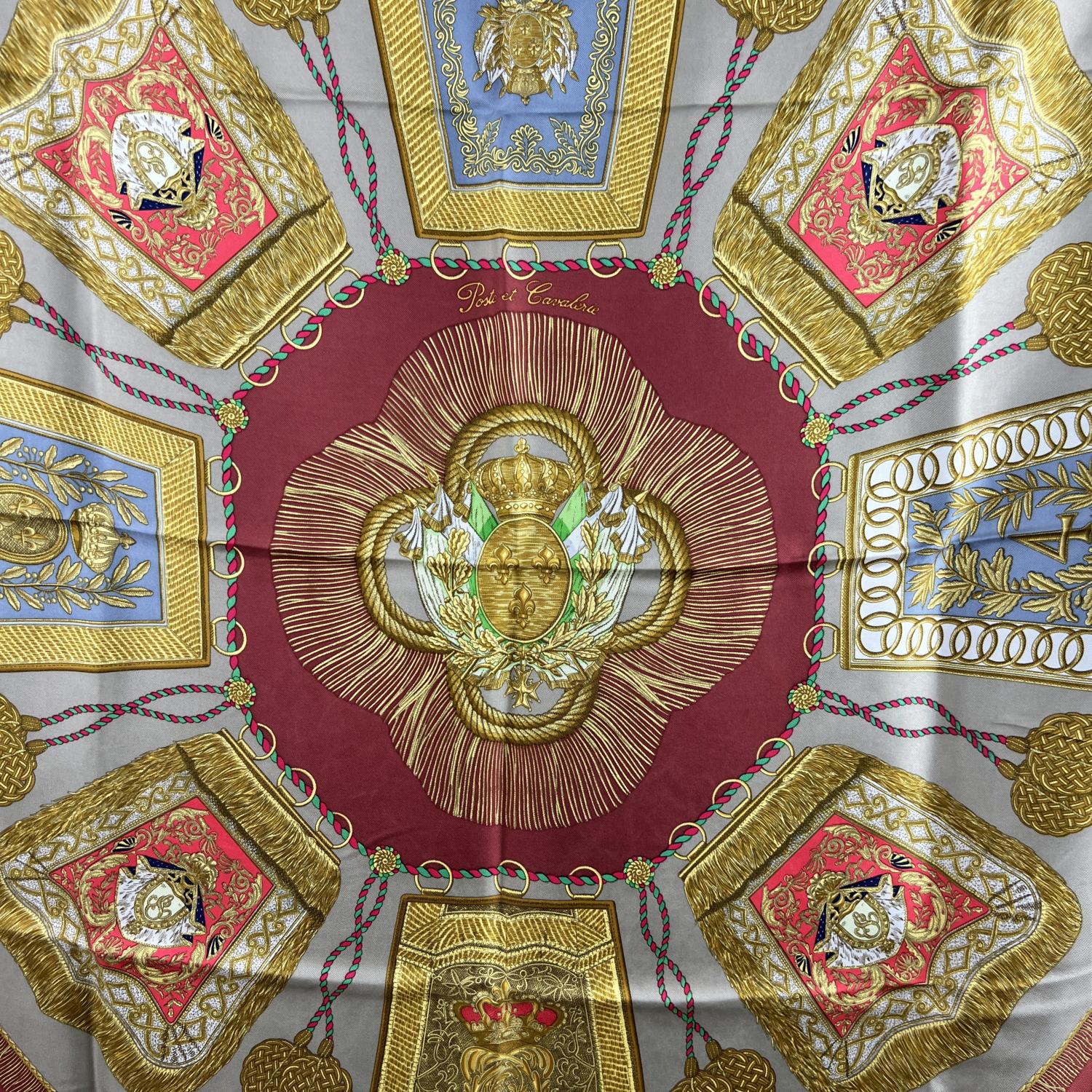Vintage Hermes 'POSTE ET CAVALERIE' silk scarf by Johachim Metz, originally issued in 1987. Hand rolled edges. Made in France. Composition: 100%% silk. Measurements: 35 x 35 inches - 88,9x 88,9 cm. Logos / Tags: 'Hermes-Paris' printed in the