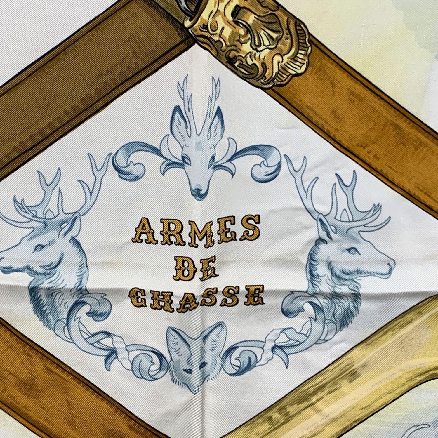 HERMES Silk scarf named 'ARMES DE CHASSE', created by artist Philippe Ledoux. A classic print showcasing military swords.