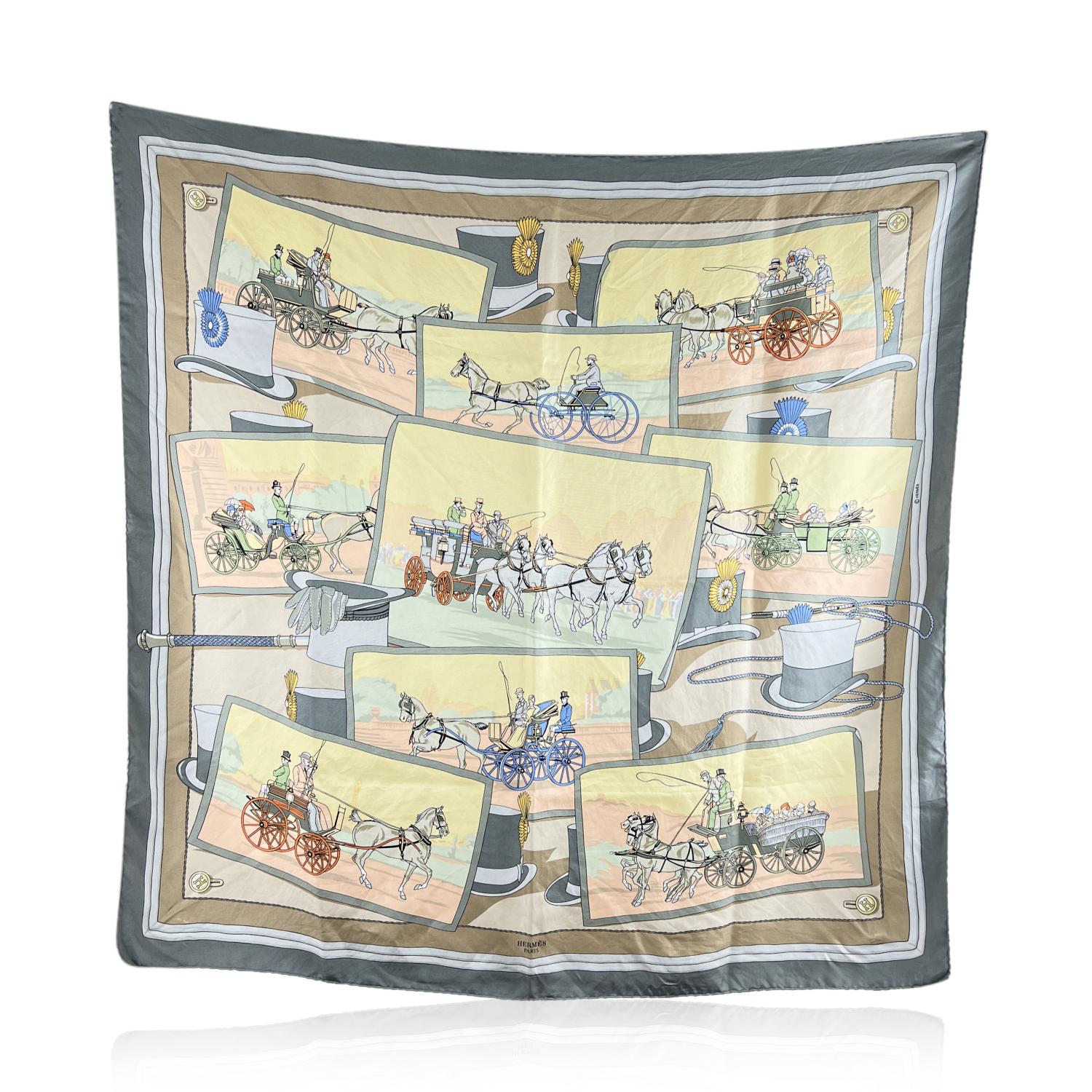 HERMES silk scarf named 'Attelages ', (or 'Mail Coaches') designed by Hugo Grygkar and first issued in 1953.100% Silk. Grey, pale yellow, baby pink, and light blue color. Measurements: Approx 35 x 35 inches. 'HERMES PARIS' printed on the scarf.