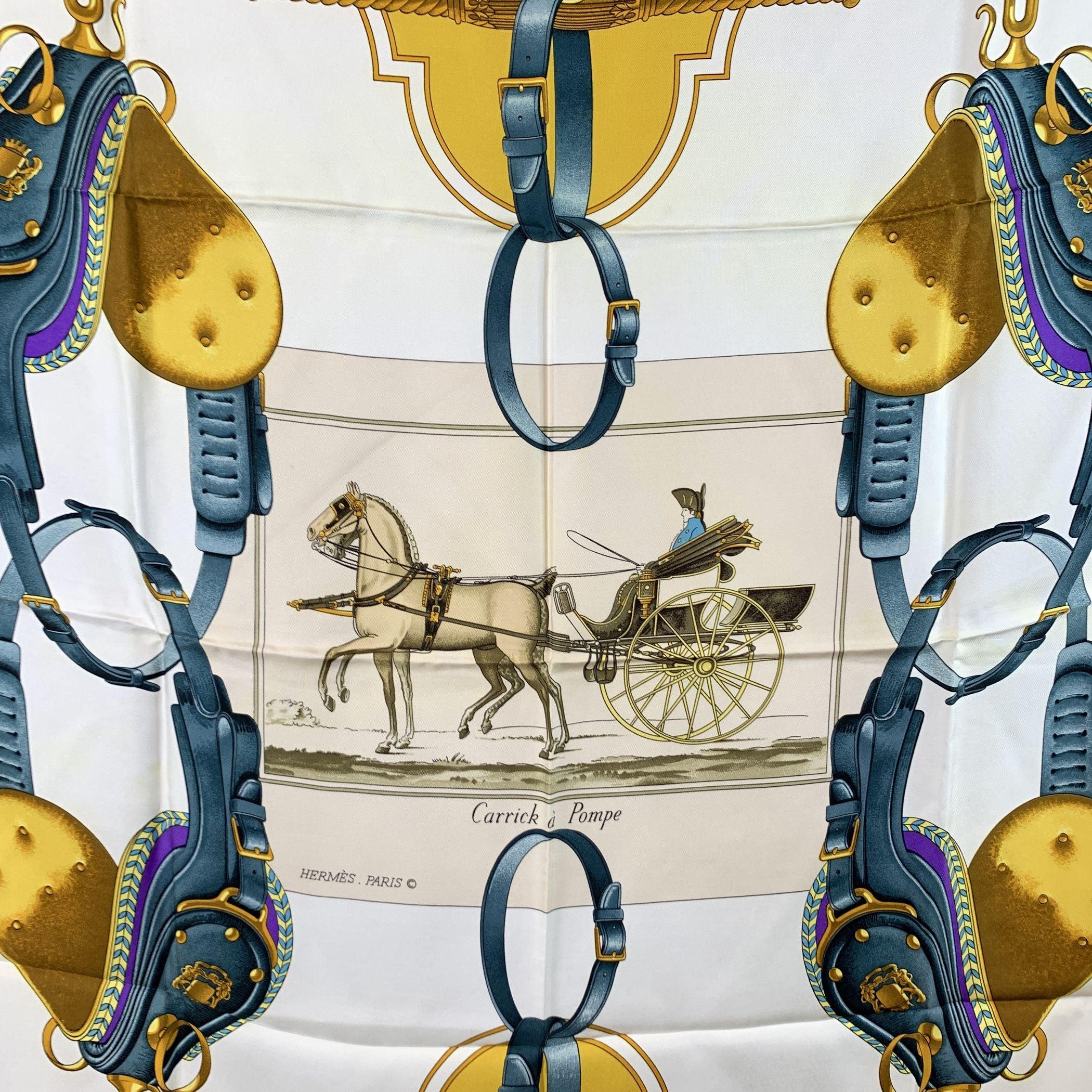 Step into the world of vintage elegance with this Hermès 'Carrick à Pompe' Silk Scarf, designed by the talented Philippe Ledoux and originally issued in 1975. This exquisite piece combines the vibrancy of yellow and light blue hues, creating a
