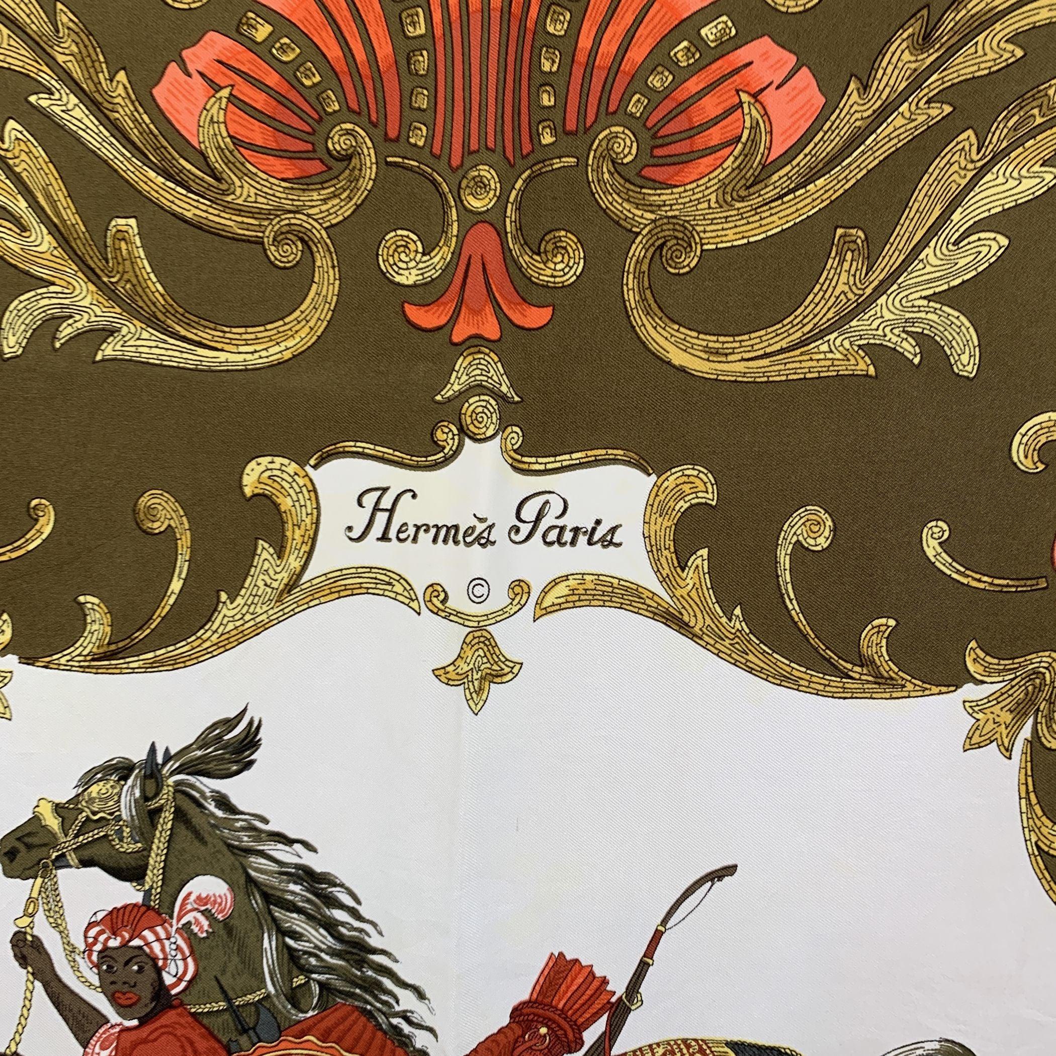 Marron Hermes Paris Vintage Foulard en soie Cheval Turc 1969 Christiane Vauzelles en vente