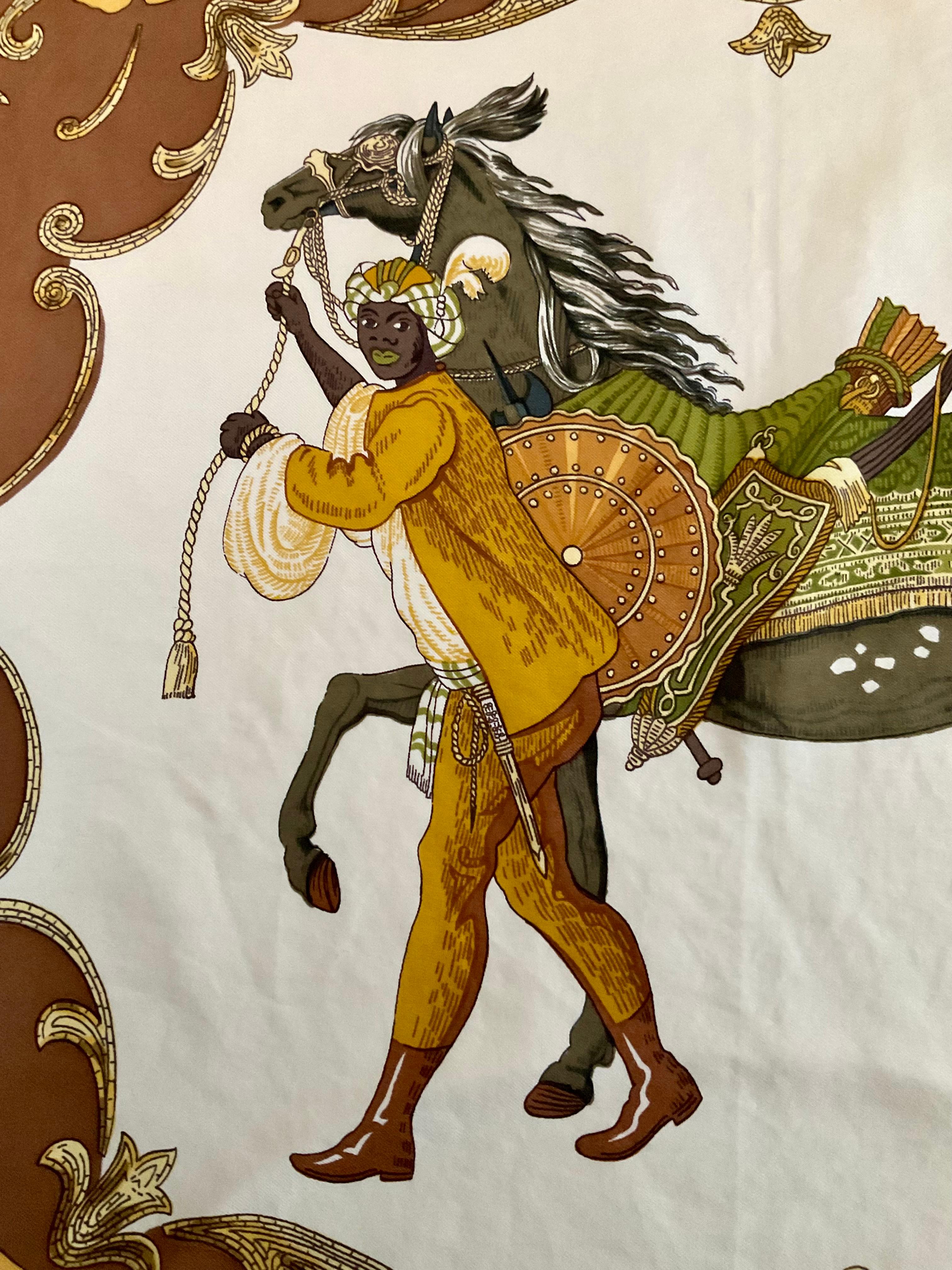 Hermes Paris Pañuelo de seda vintage Cheval Turc Christiane Vauzelles Años 80 en venta 7
