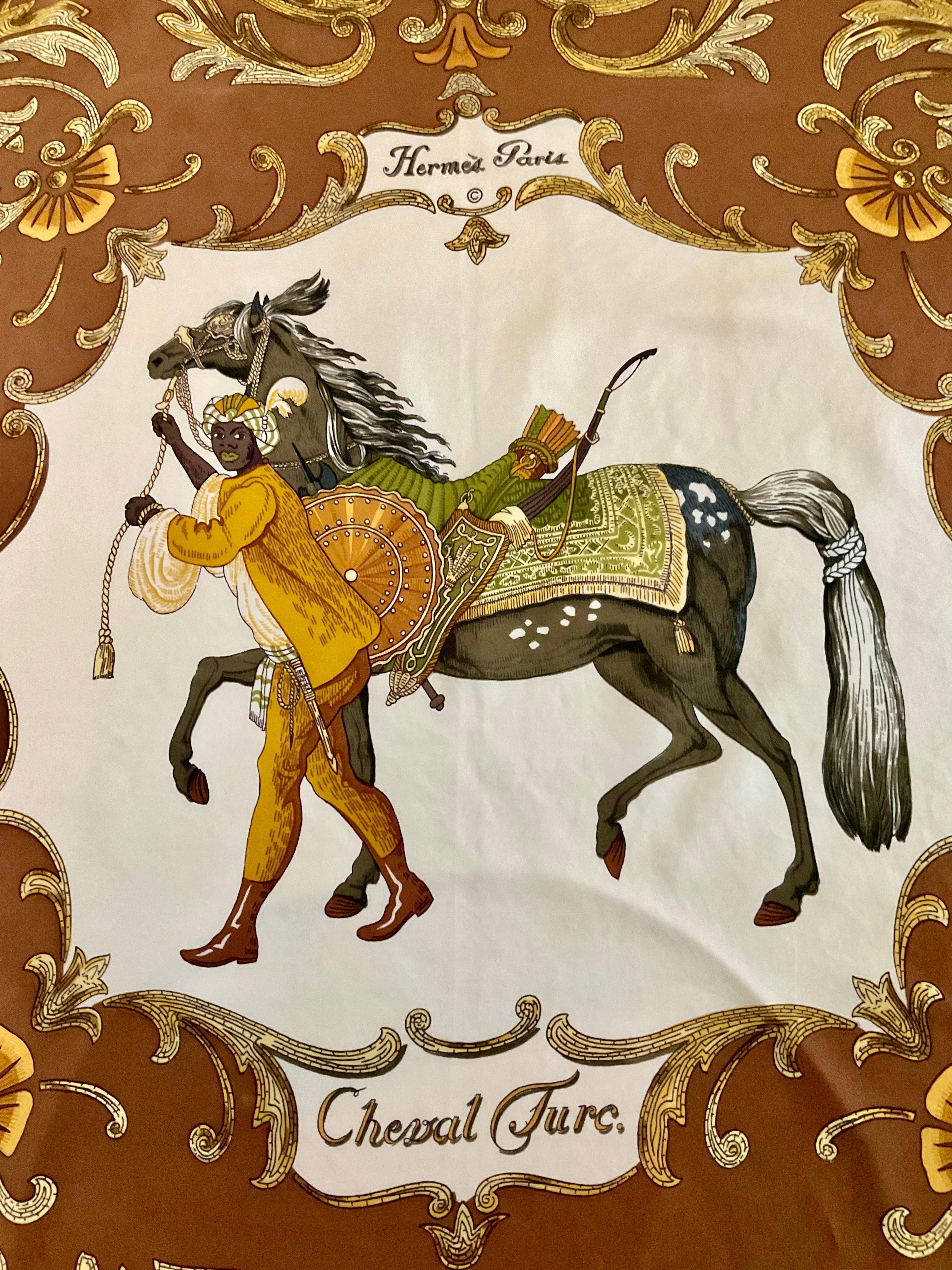 Hermes Paris Pañuelo de seda vintage Cheval Turc Christiane Vauzelles Años 80 en venta 8