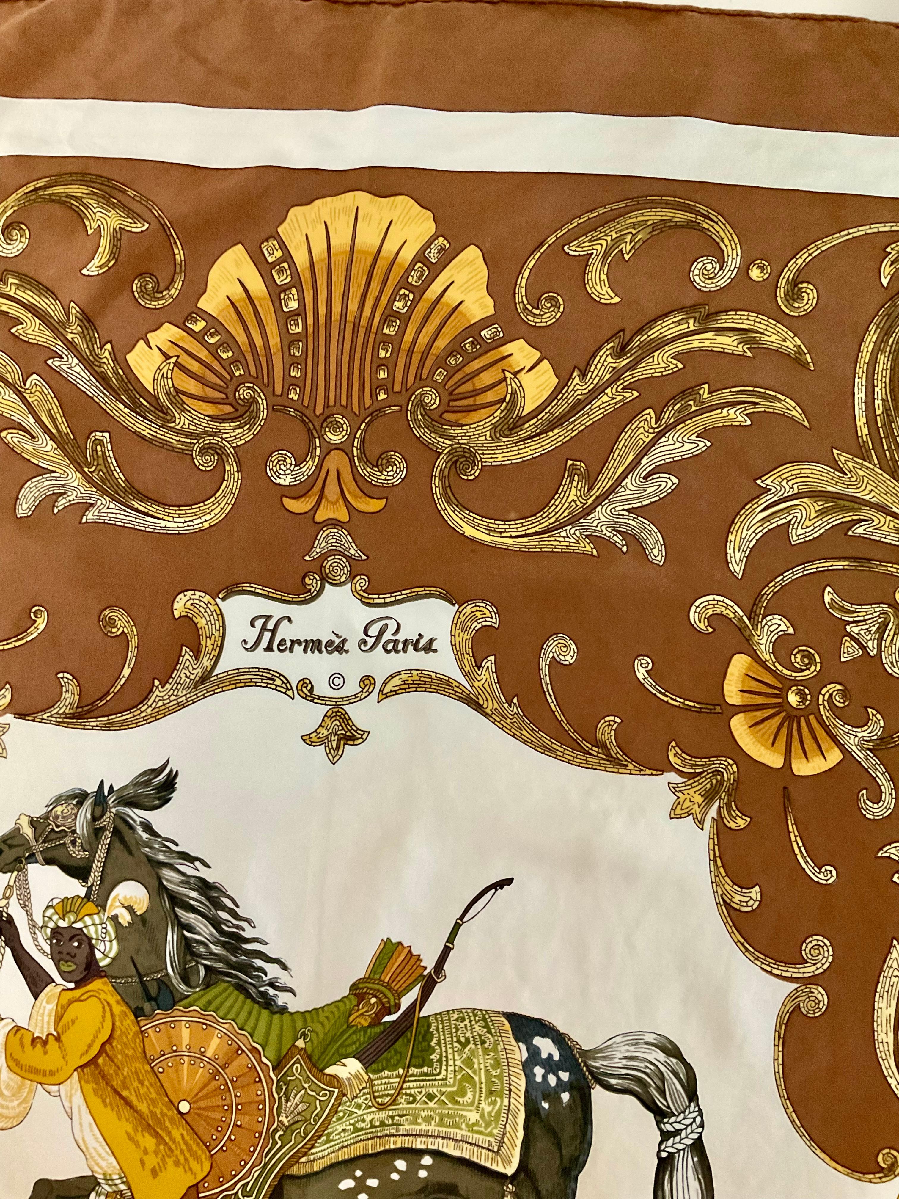 Hermes Paris Pañuelo de seda vintage Cheval Turc Christiane Vauzelles Años 80 en venta 1