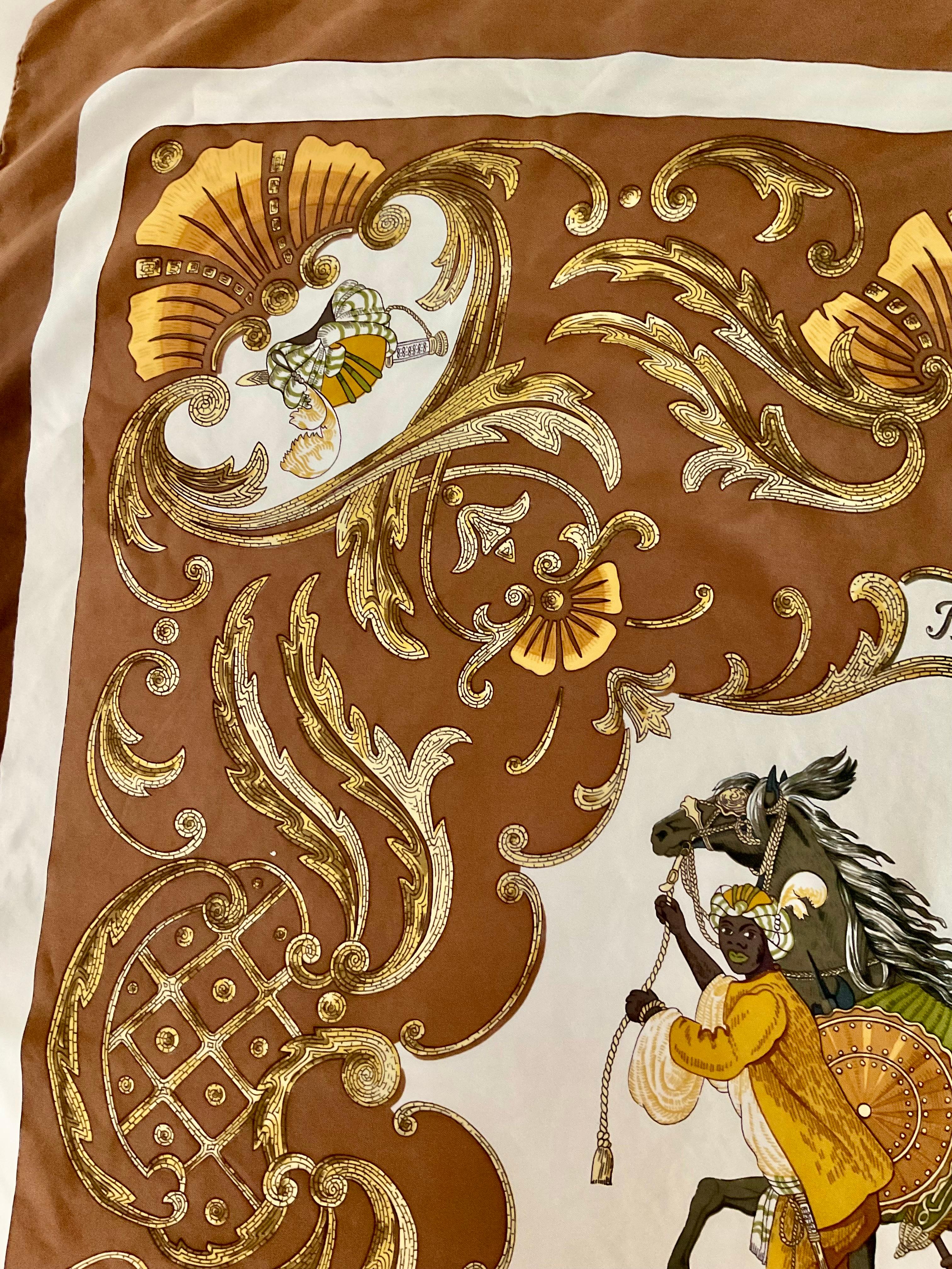 Hermes Paris Pañuelo de seda vintage Cheval Turc Christiane Vauzelles Años 80 en venta 2