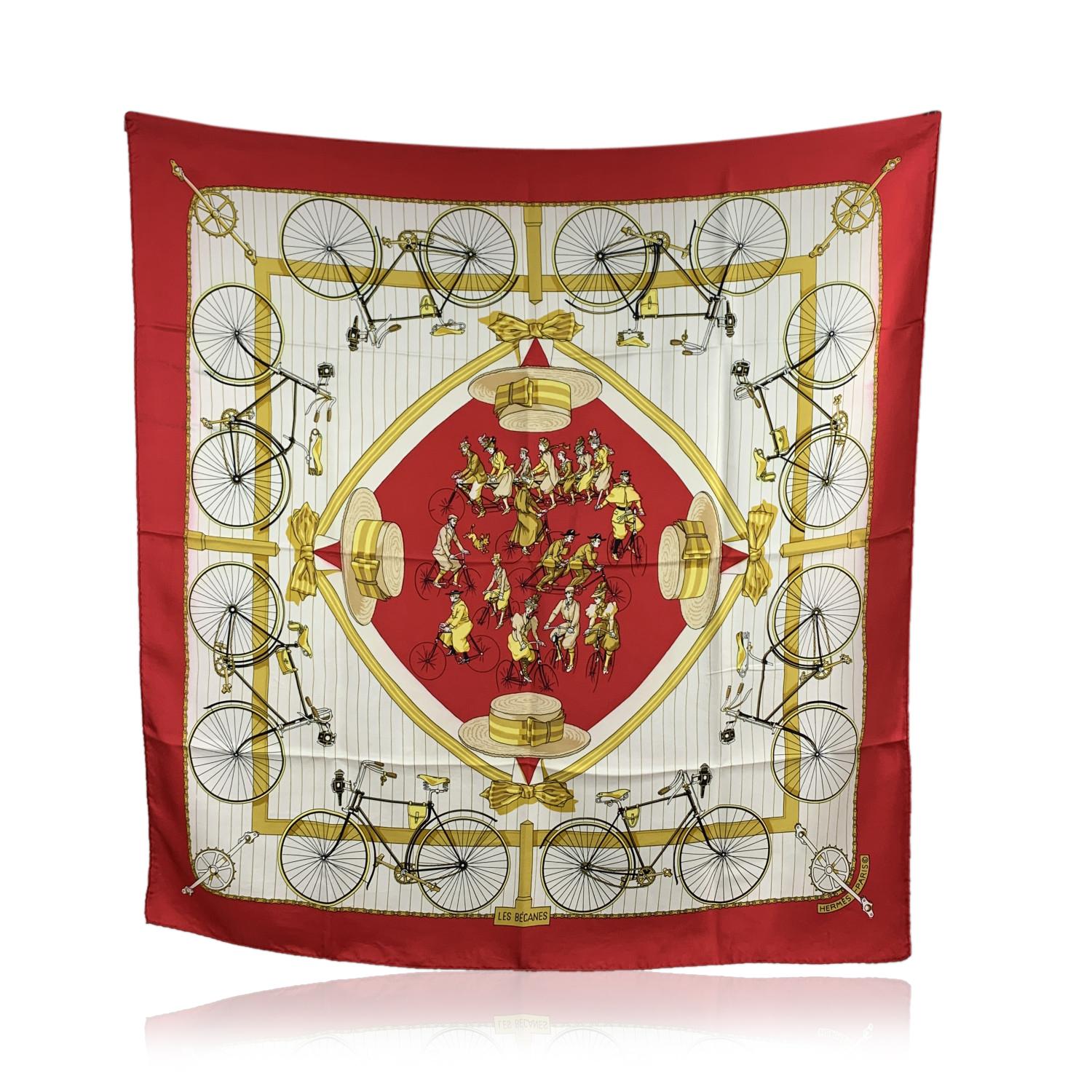 HERMES scarf 'Les Becanes' by Hugo Grygkar and originally issued in 1954 (reissued in 1973, 1990 and again in 2003). This design depicts bicycles, boater hats, and men and women. Red borders. 100% silk, hand rolled hem, made in France. No
