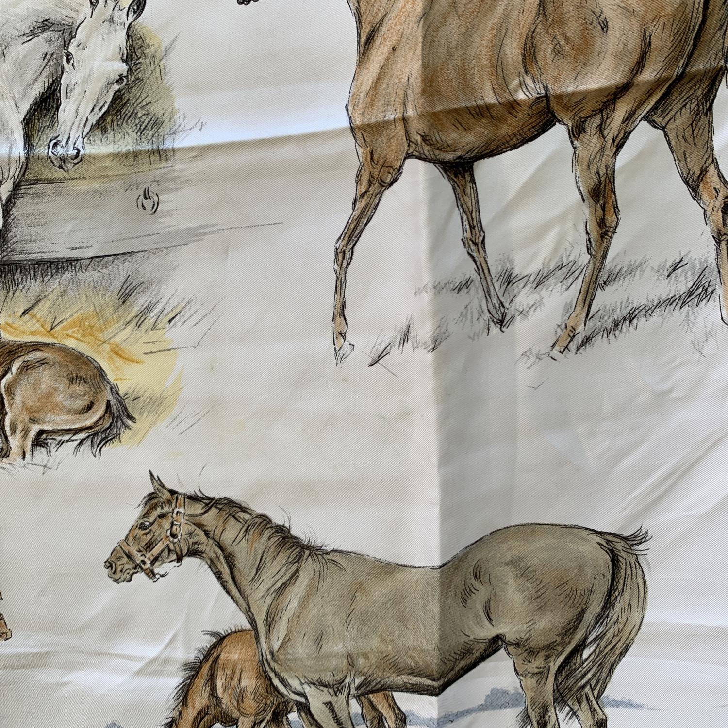 Ultra-rare vintage silk scarf designed for Hermes by Xavier de Poret. De Poret is a wildlife artist whose realistic depictions are extremely popular and sought after. This scarf was issued for the first time in 1960. This design, depicting a mare