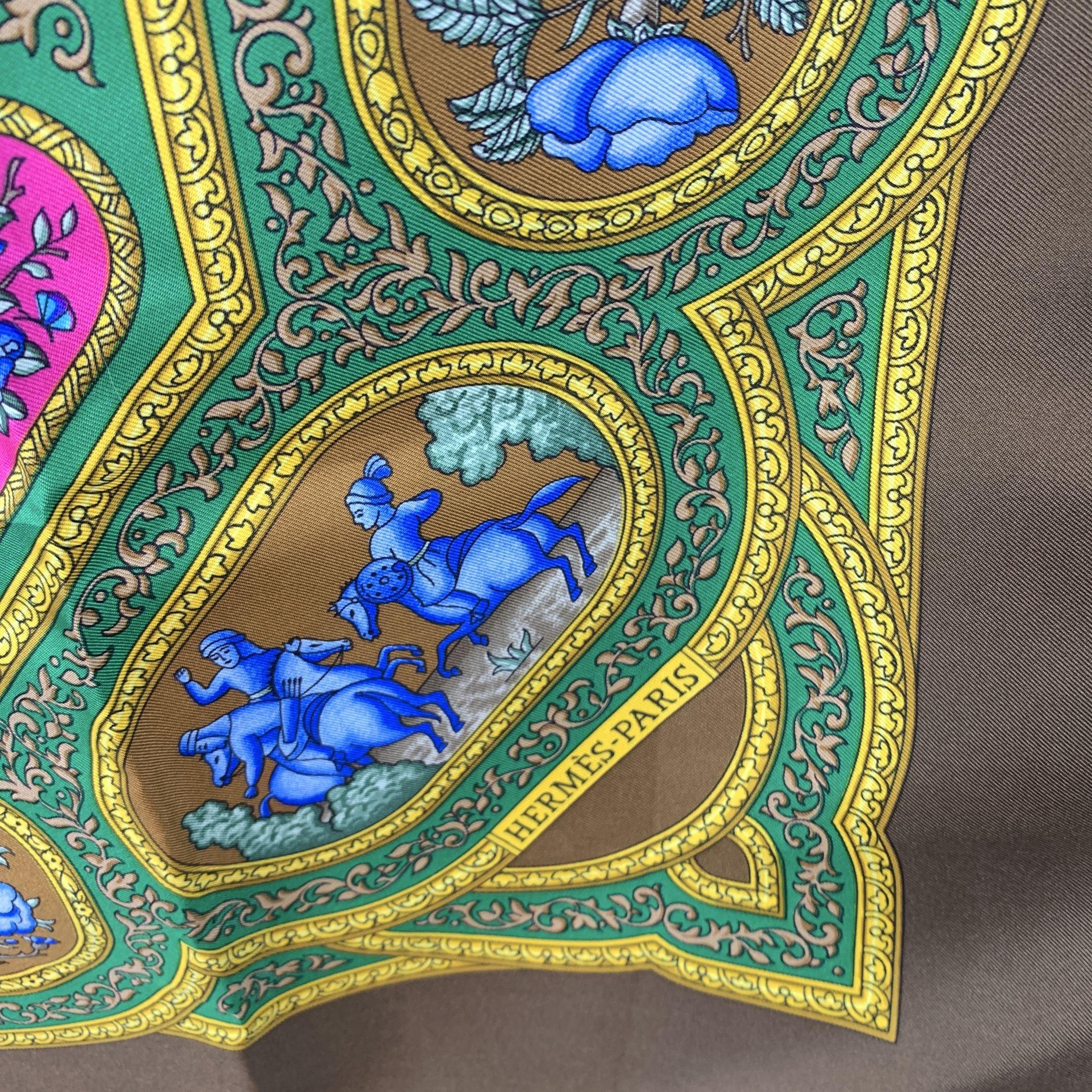Brown Hermes Paris Vintage Silk Scarf Qalamdan 1990 Catherine Baschet For Sale