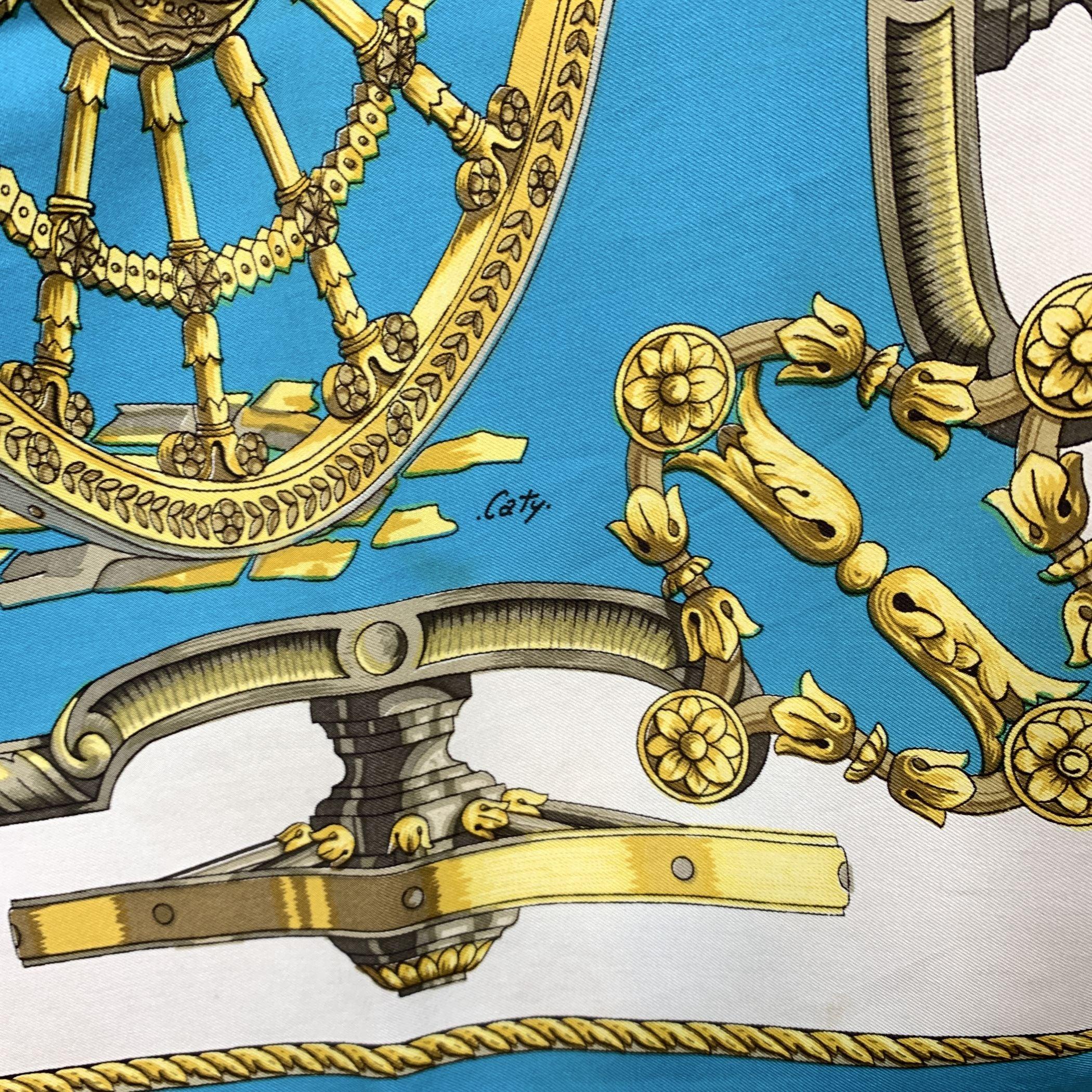 Blue Hermes Paris Vintage Silk Scarf Roues de Canon 1967 Latham For Sale