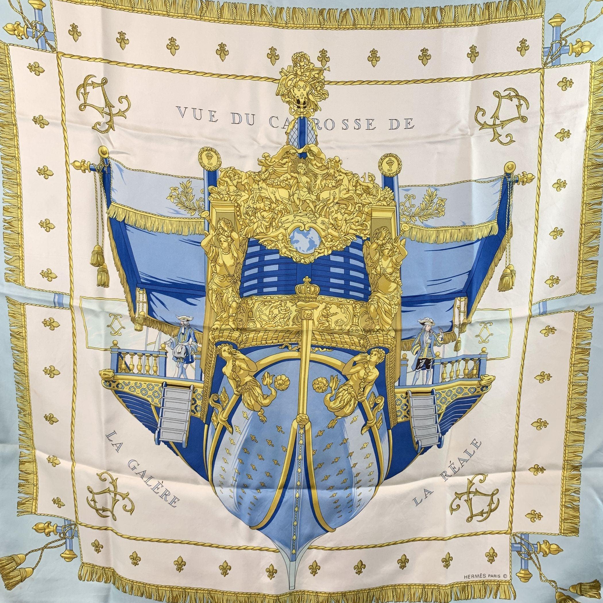 Step into the world of timeless luxury with this vintage HERMES silk scarf, La Reale - Vue du Carrosse de la Galere, a stunning creation by renowned designer Hugo Grygkar. Originally issued in 1953, this iconic piece of Hermes history is part of a