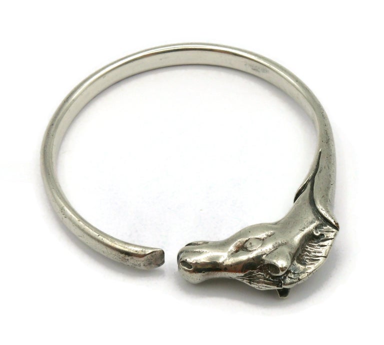 HERMES Paris Vintage Silver Tone Horse Head Bangle Bracelet at