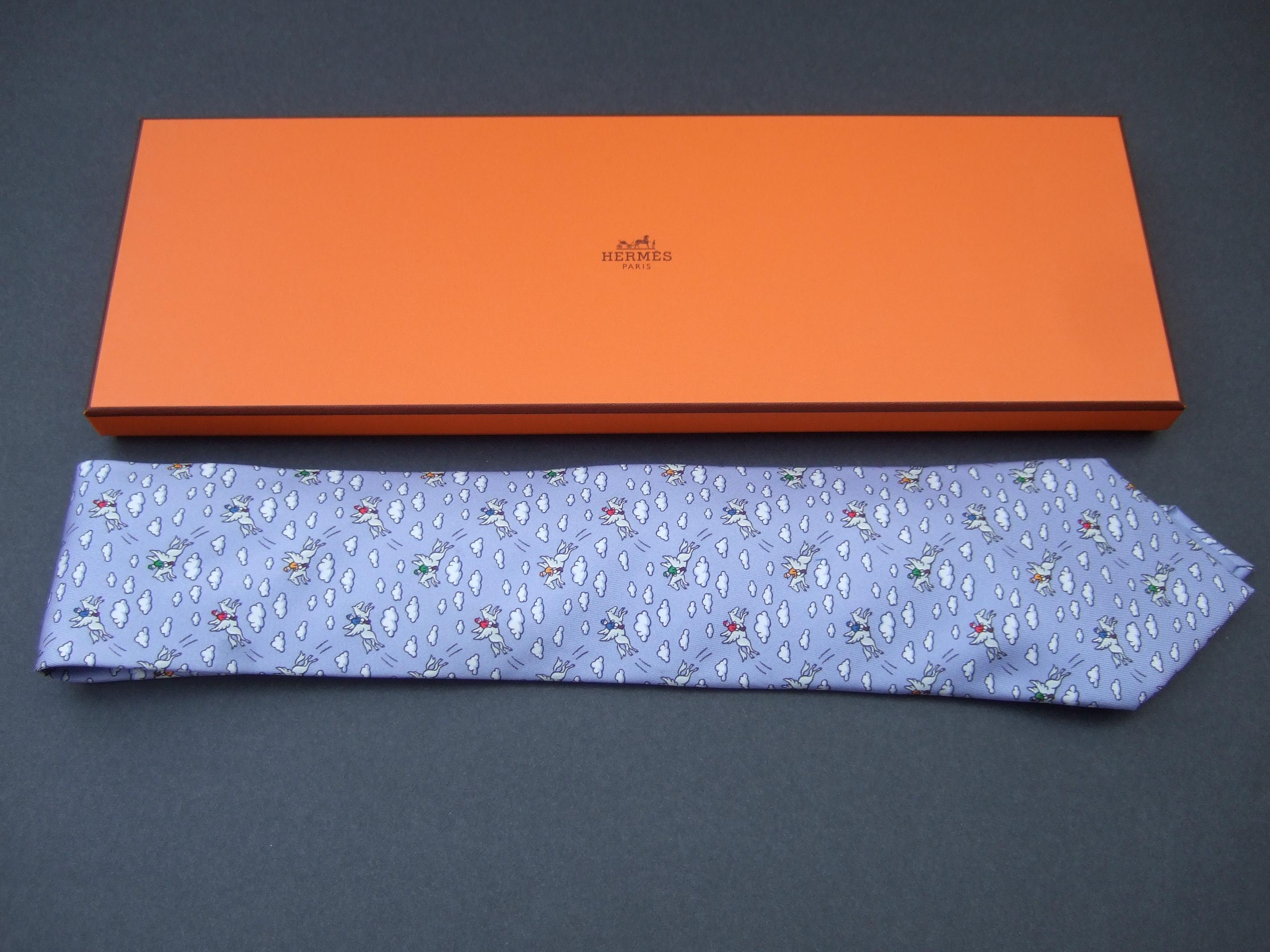 Hermes Paris Whimsical Silk Flying Pegasus Rider Necktie in Hermes Box c 1990s  In Good Condition For Sale In University City, MO