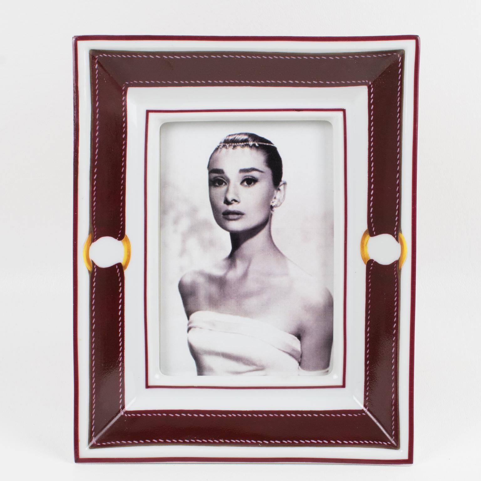 French Hermes Paris White and Burgundy-Red Limoges Porcelain Picture Frame