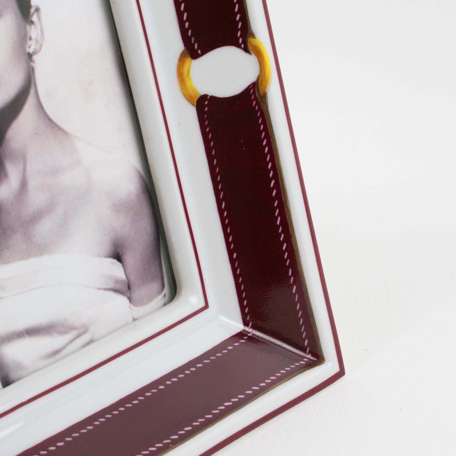 Ceramic Hermes Paris White and Burgundy-Red Limoges Porcelain Picture Frame