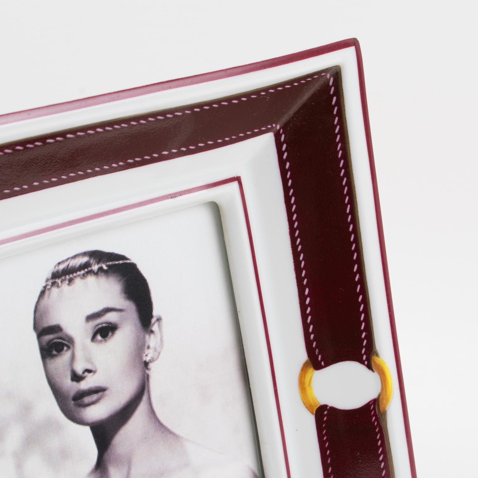Hermes Paris White and Burgundy-Red Limoges Porcelain Picture Frame 2