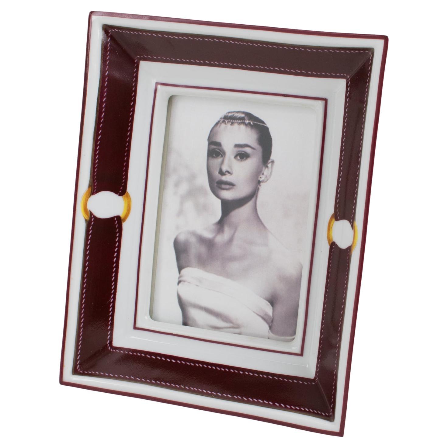 Hermes Paris White and Burgundy-Red Limoges Porcelain Picture Frame For Sale