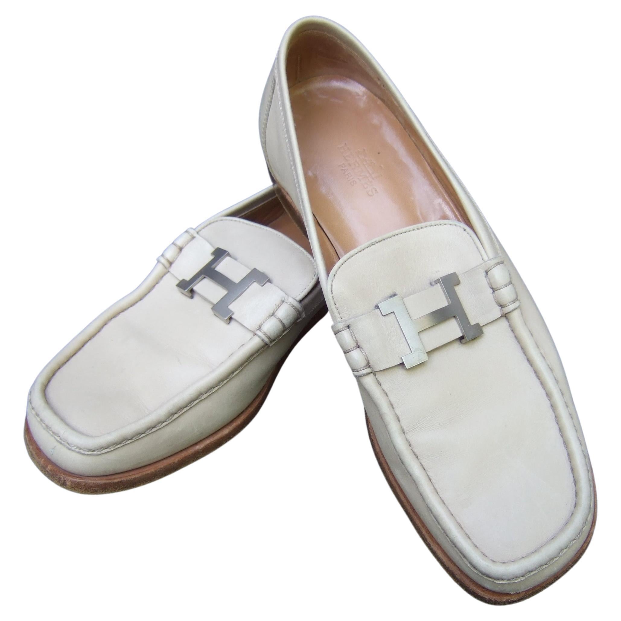 Hermes Paris Women's Constance Silver Buckle Ivory Leather Italian Loafers 1990s