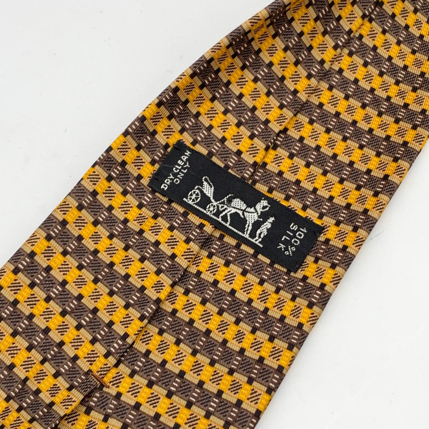 Hermes Paris Yellow and Brown Silk Striped Print Neck Tie 816 EA In Excellent Condition In Rome, Rome