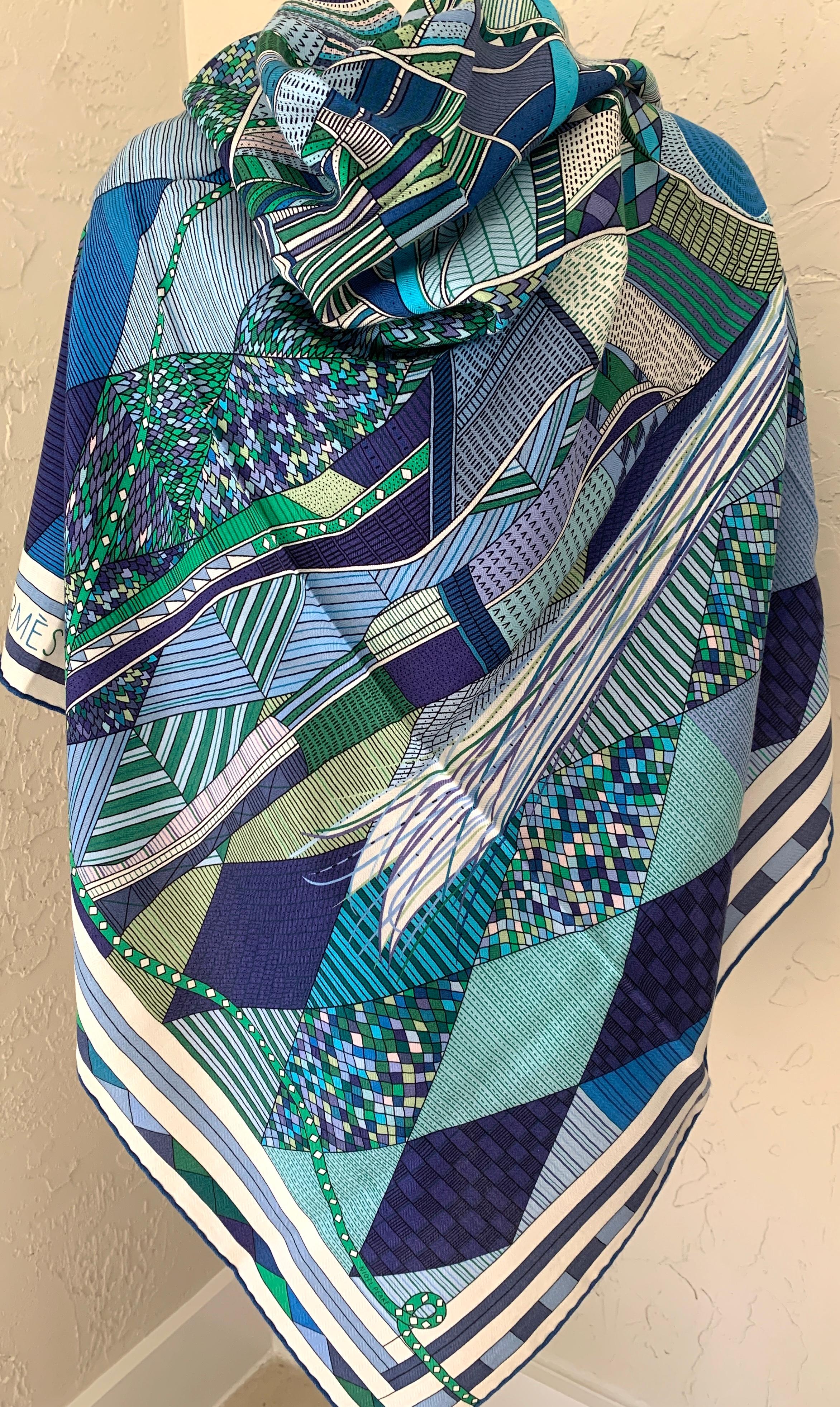 Vert Hermes Châle cachemire cheval patchwork 140 Nigel Peake New Turquoise Green