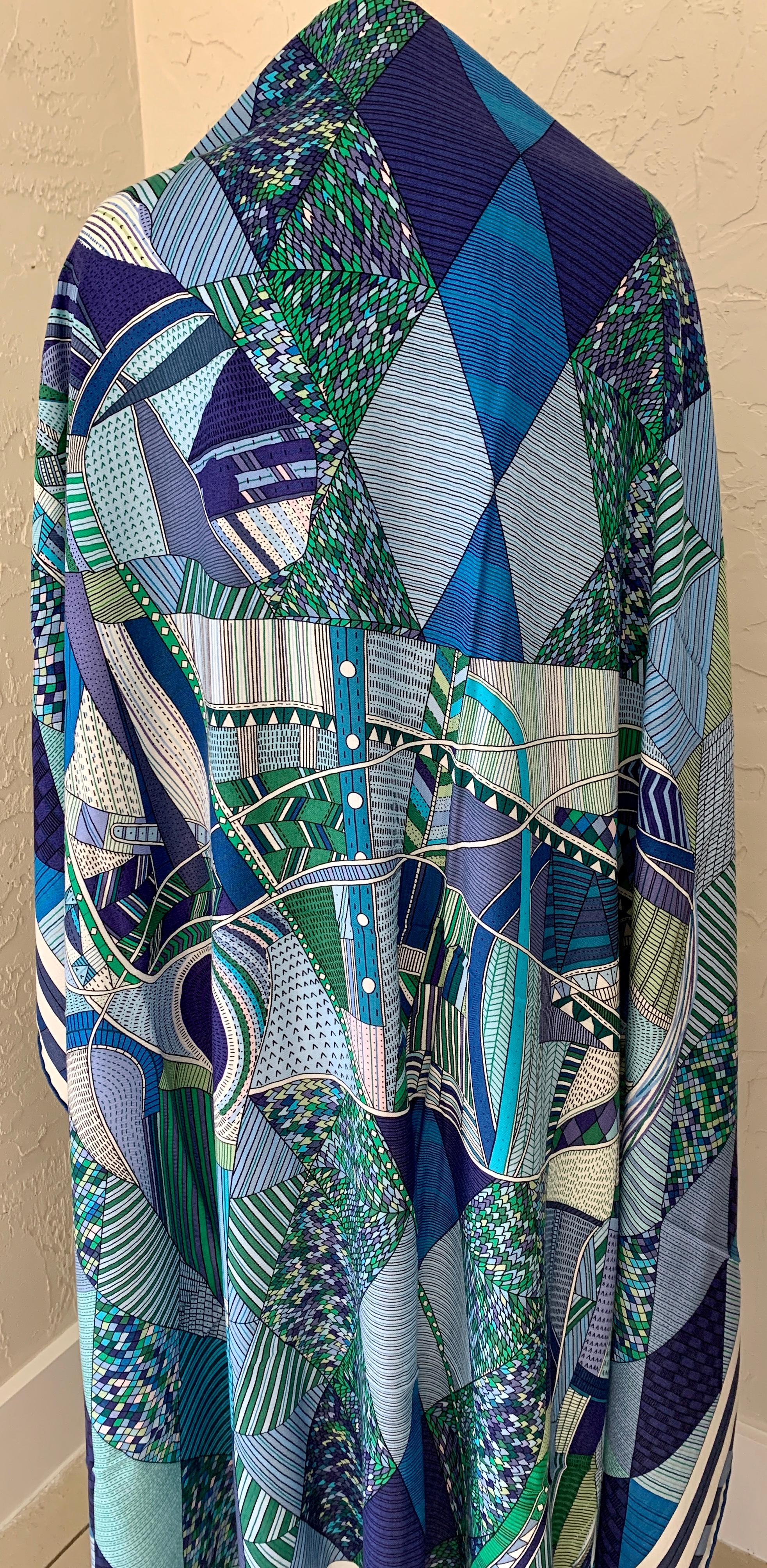 Hermes Châle cachemire cheval patchwork 140 Nigel Peake New Turquoise Green Neuf à West Chester, PA