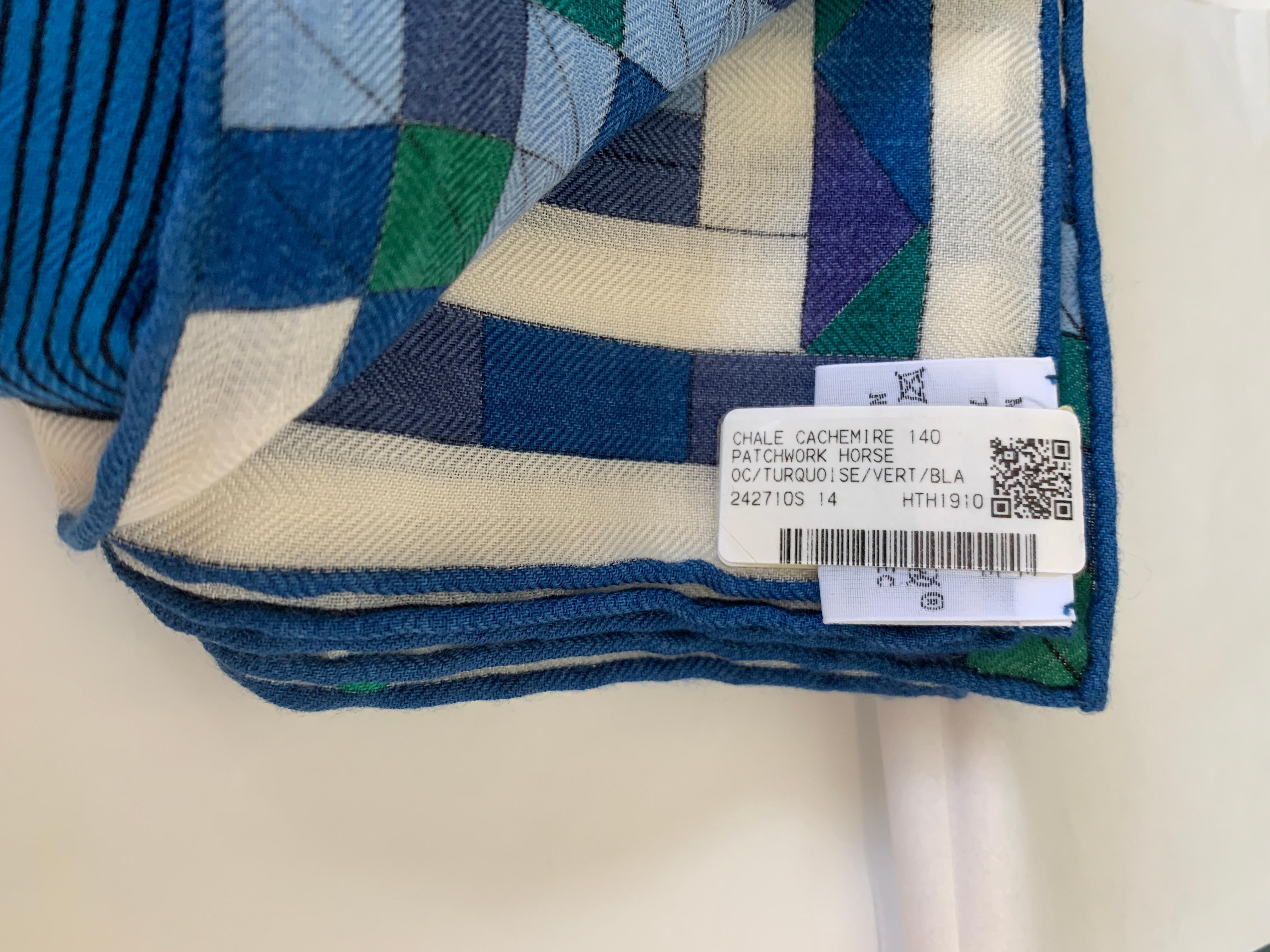 Hermes Patchwork Horse Cashmere Shawl 140 Nigel Peake New Turquoise Green In New Condition In West Chester, PA