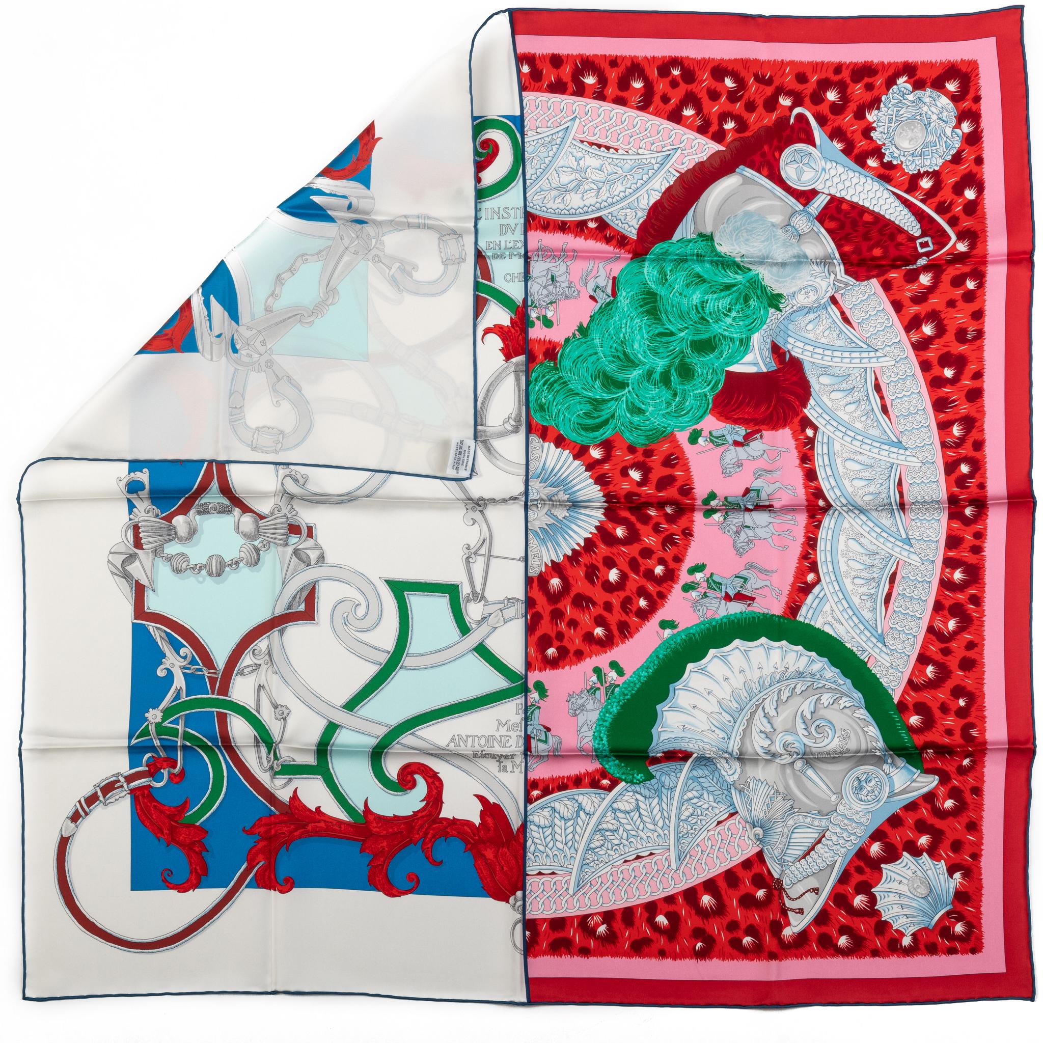 Hermes collectible patchwork silk scarf in red and white. Hand rolled edges. No box included.