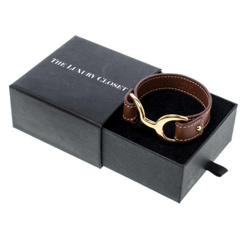 Hermes Pavane Brown Leather Gold Plated Bracelet L In Good Condition In Dubai, Al Qouz 2