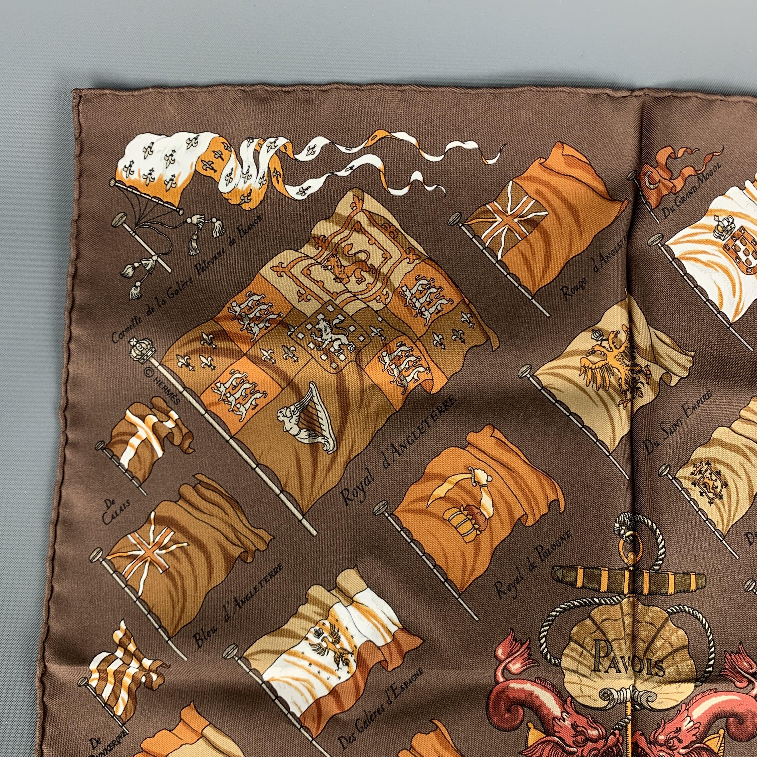 Vintage HERMES Pocket Square comes in a brown silk  with all over 