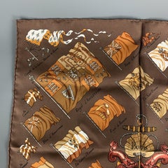 HERMES Pavois Brown Silk Printed Pocket Square