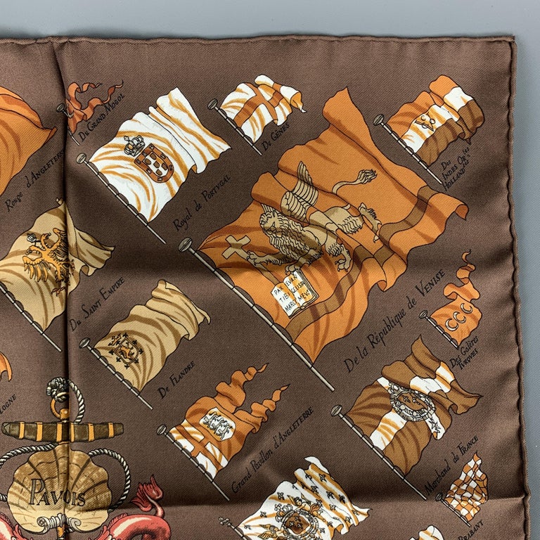 HERMES Pavois Brown Silk Printed Pocket Square at 1stDibs