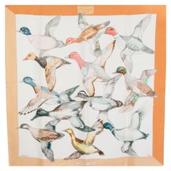 Hermes peach & white SAUVAGINE EN VOL 90 silk twill Scarf