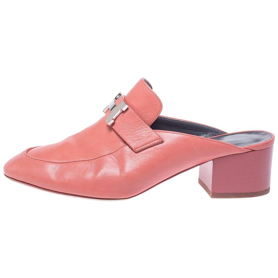 Hermes Peachy Pink Leather Trocadero Mule Sandals Size 36