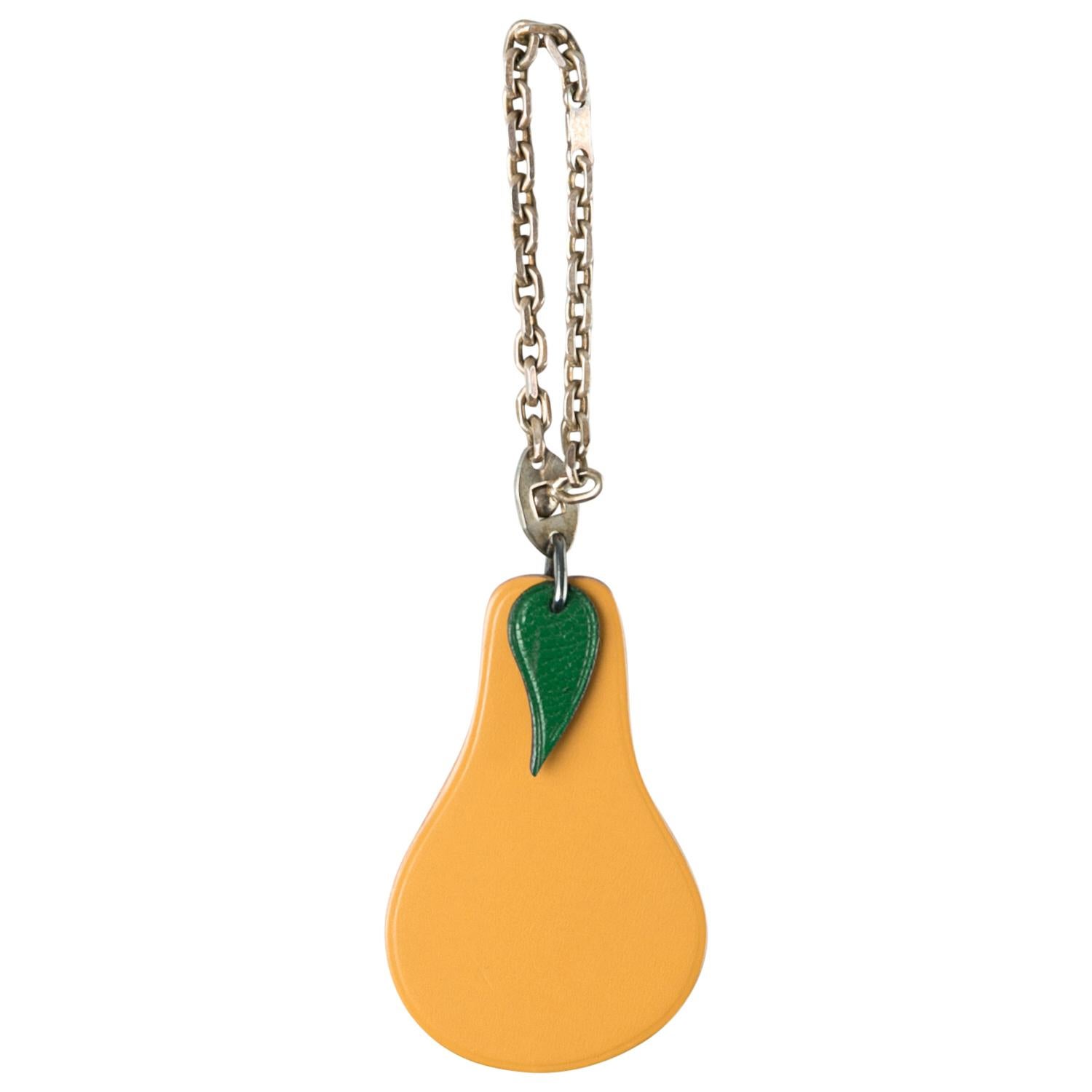 Orange Hermes Pear Tan Leather Silver Bag Charm