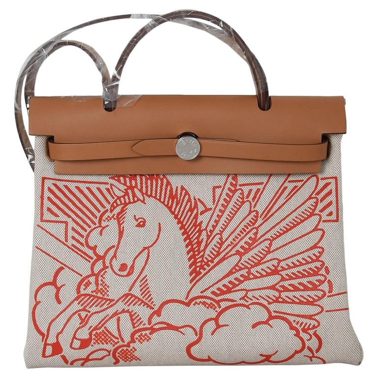 Hermes Herbag Bag Pegasus Canvas Palladium Hardware In Brown