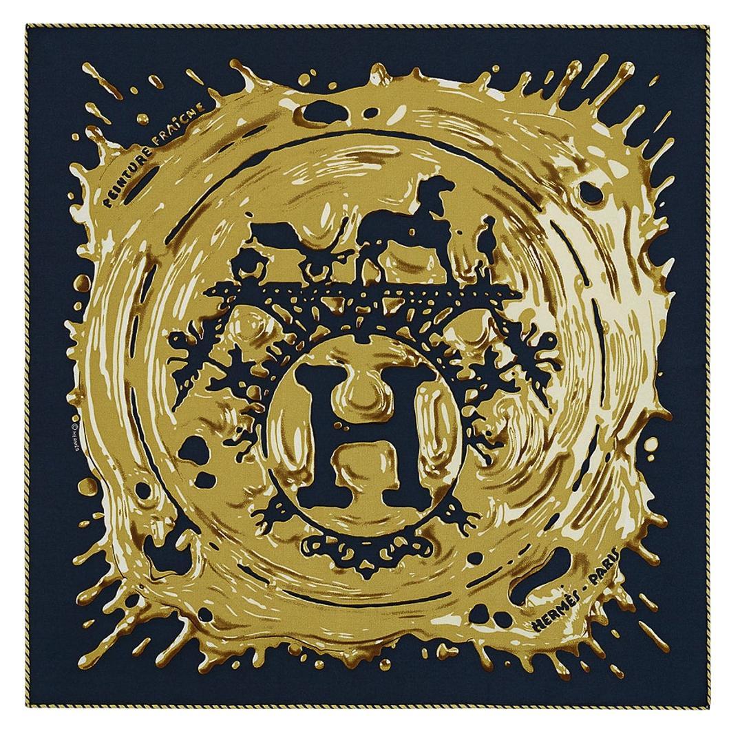 Hermès - Écharpe en soie Peinture Fraiche Bleu Noir / Bronze 45 en vente