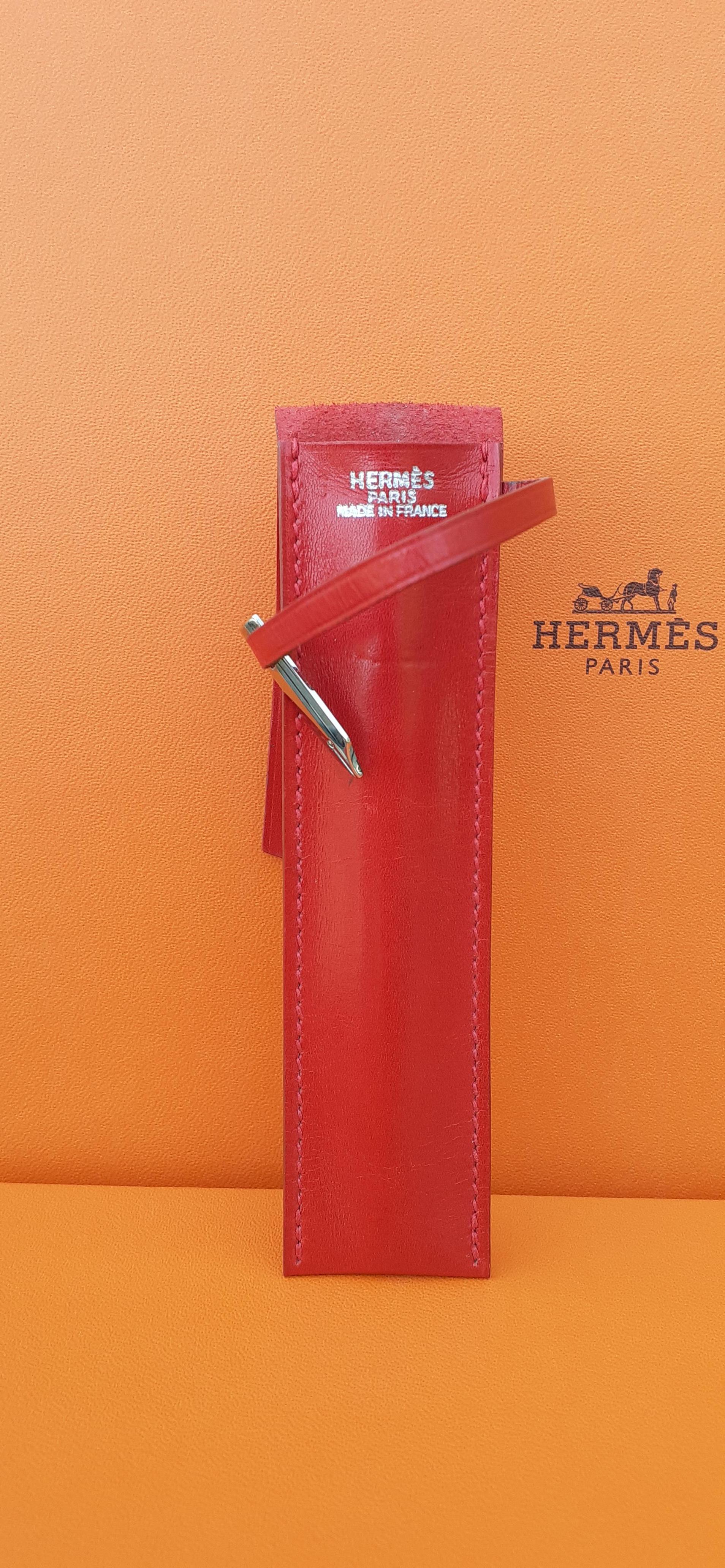 Hermès Pencil Case in Red Box Leather with Fountain Pen Nib Charm 4